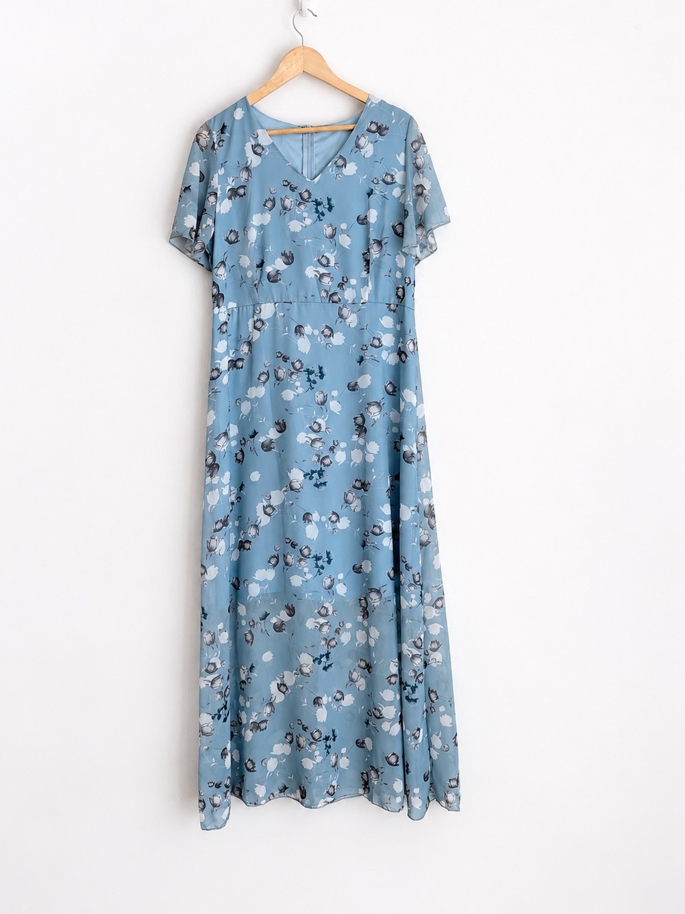 Vintage Etheral Blue Floral Chiffon Maxi Dress Fairycore Soft Grunge L